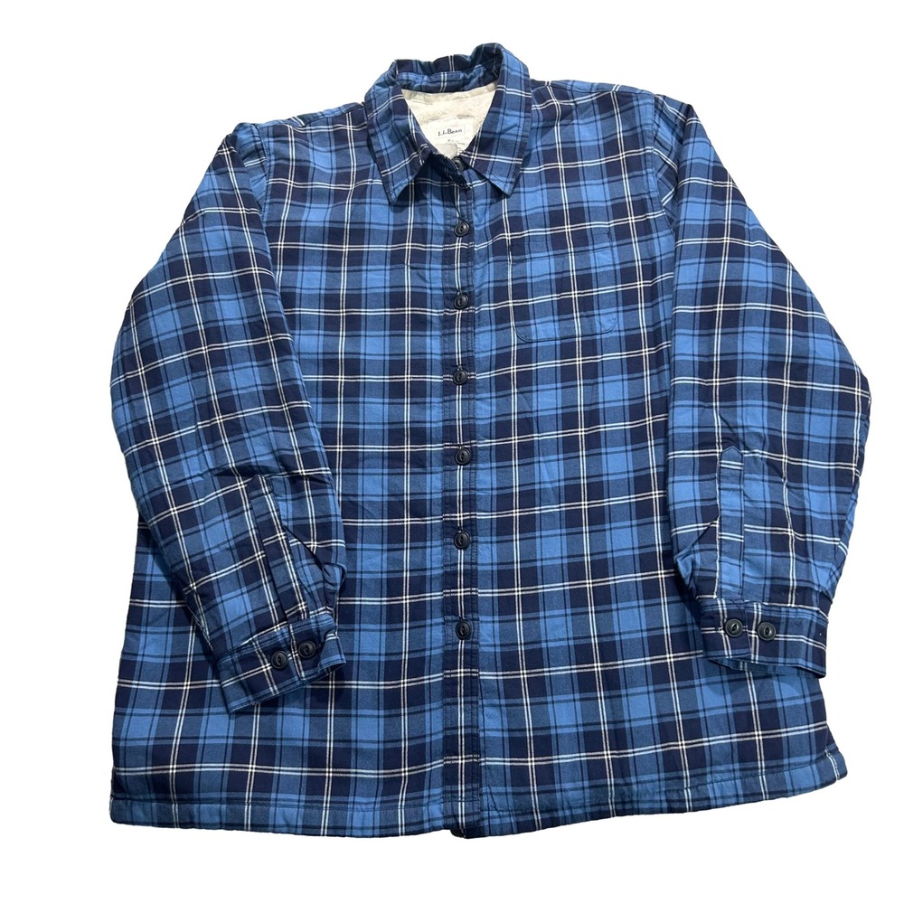 LL Bean Flannel Shirt Women XL Blue Plaid Fleece Lined Button Shacket 267069